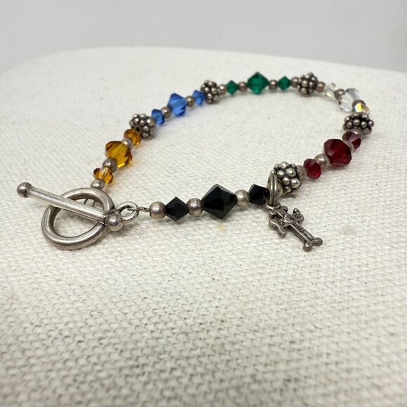 Sterling Silver Rainbow Crystal Cross Toggle Bracelet Religious Christian Marked - Picture 7 of 8